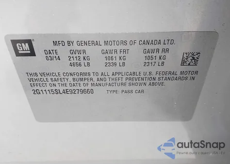 2014 Chevrolet Impala 1Lt из США, поврежденный, VIN 2G1115SL4E9279660